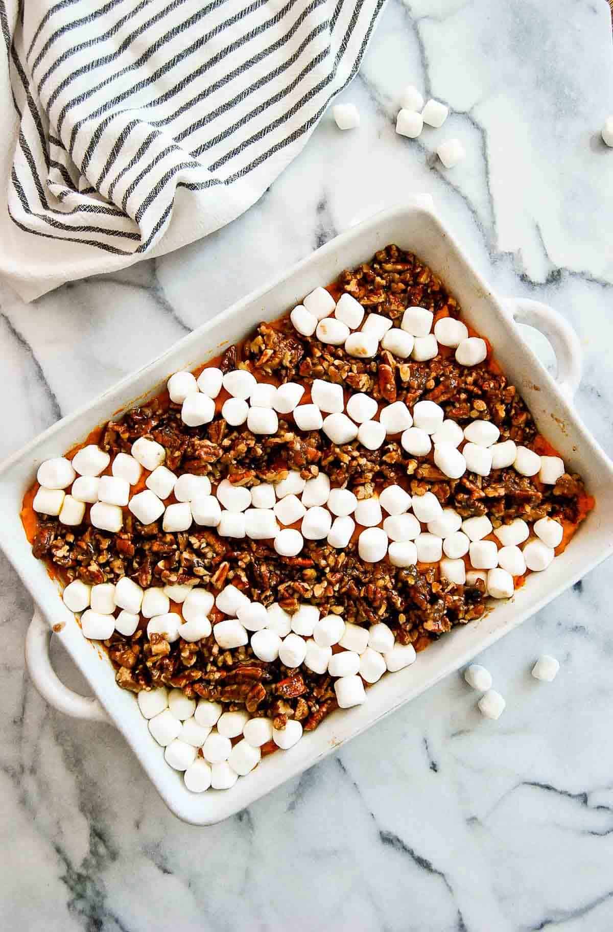sweet potato casserole preparing to go into oven.