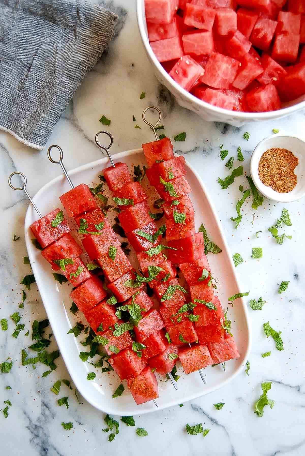 watermelon with tajin on platter.