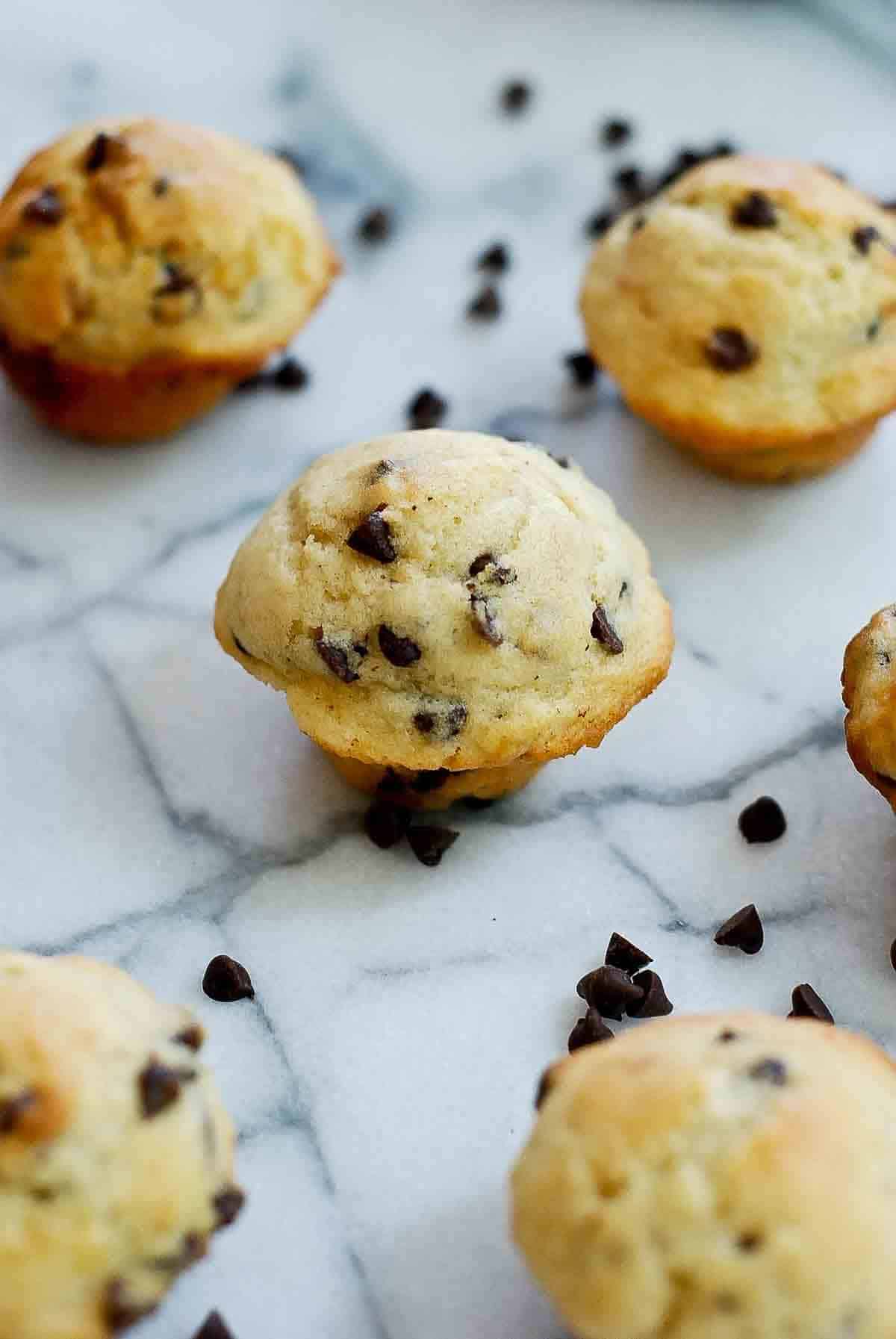 closeup of a chocolate chip mini muffin on countertop.