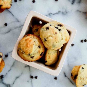 moist chocolate chip mini muffins made with yogurt in bowl.