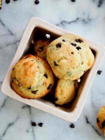 moist chocolate chip mini muffins made with yogurt in bowl.