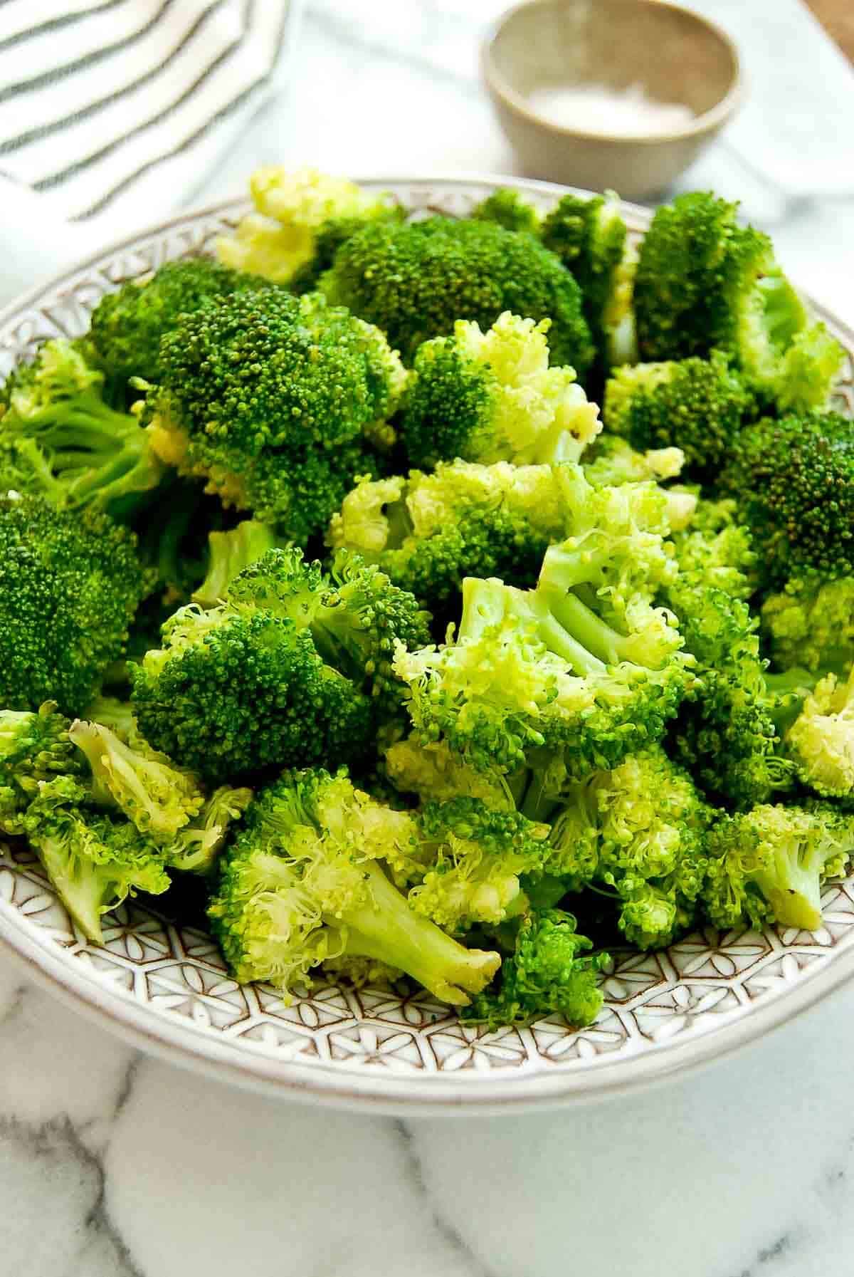 side view of steamed broccoli using the pressure cooker.