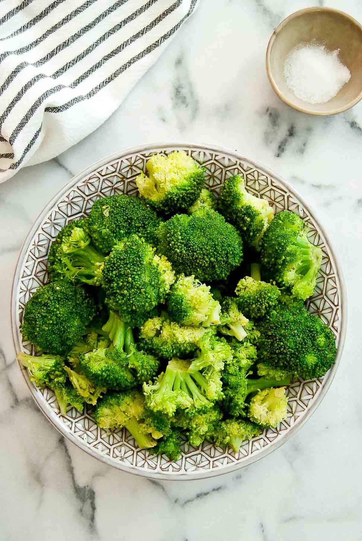 perfectly steamed broccoli from the instant pot in serving bowl.