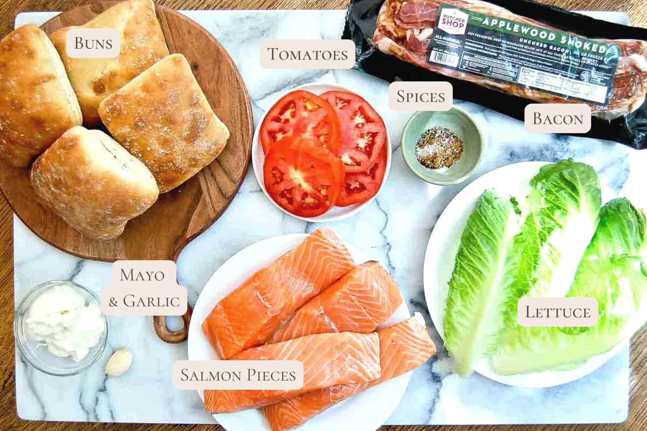 ingredients for salmon blt sandwiches.