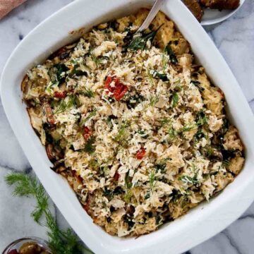 spinach feta & rice casserole in serving dish.