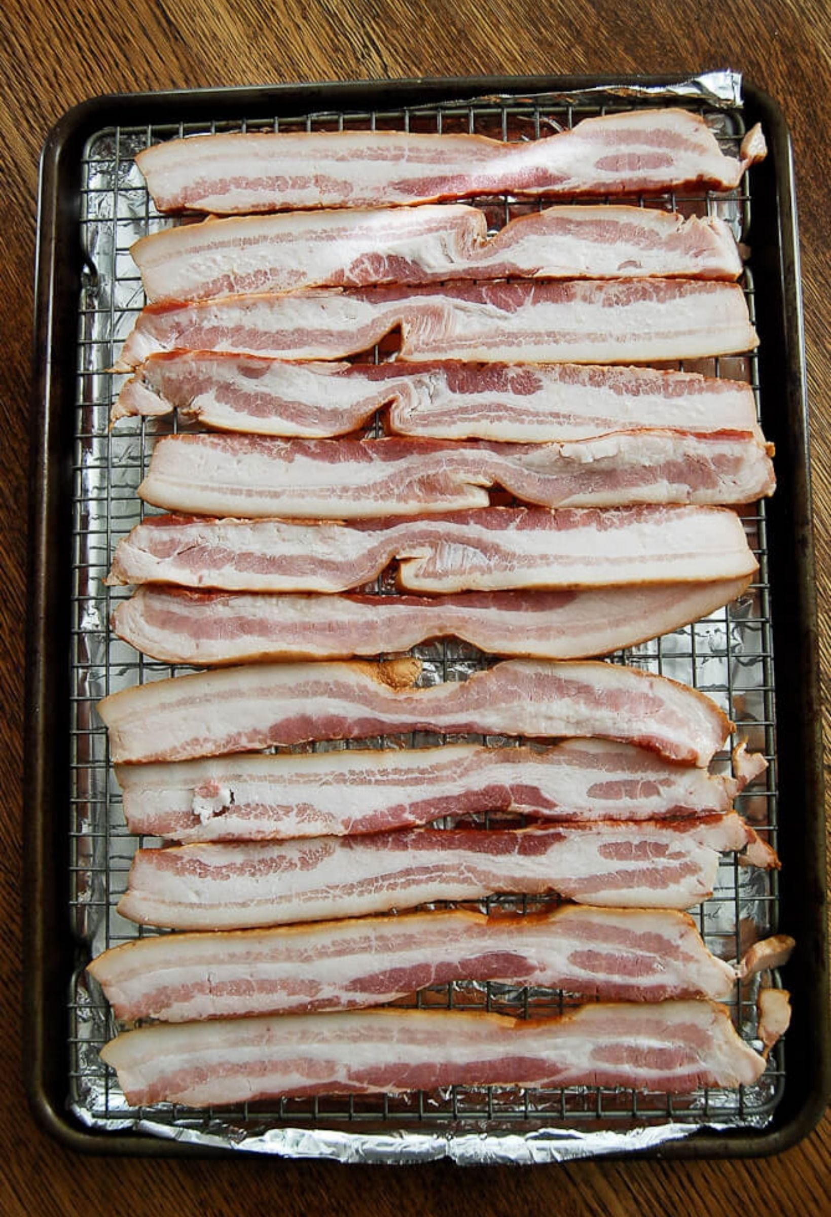 Raw bacon, ready to go into the oven.