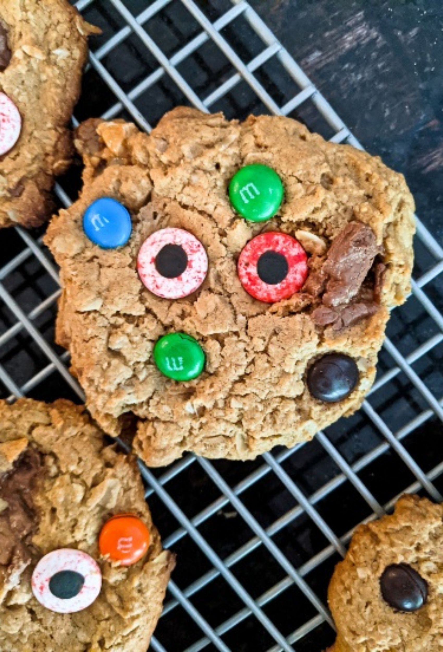 Halloween Candy Monster Cookies with Monster Eyes.