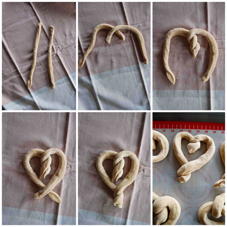 6-step process of making a heart shaped pretzel.