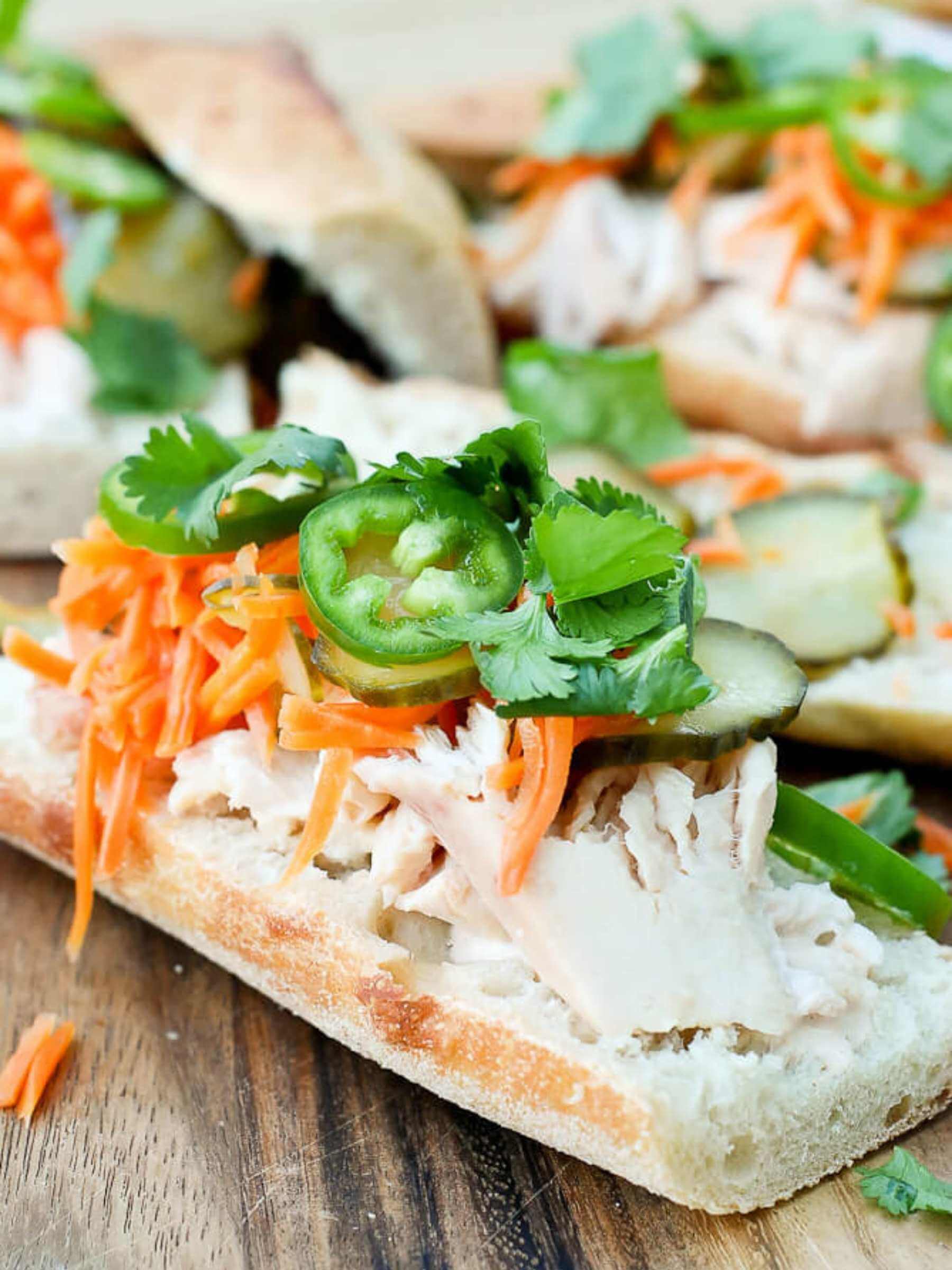 close up of chicken banh mi sandwich.