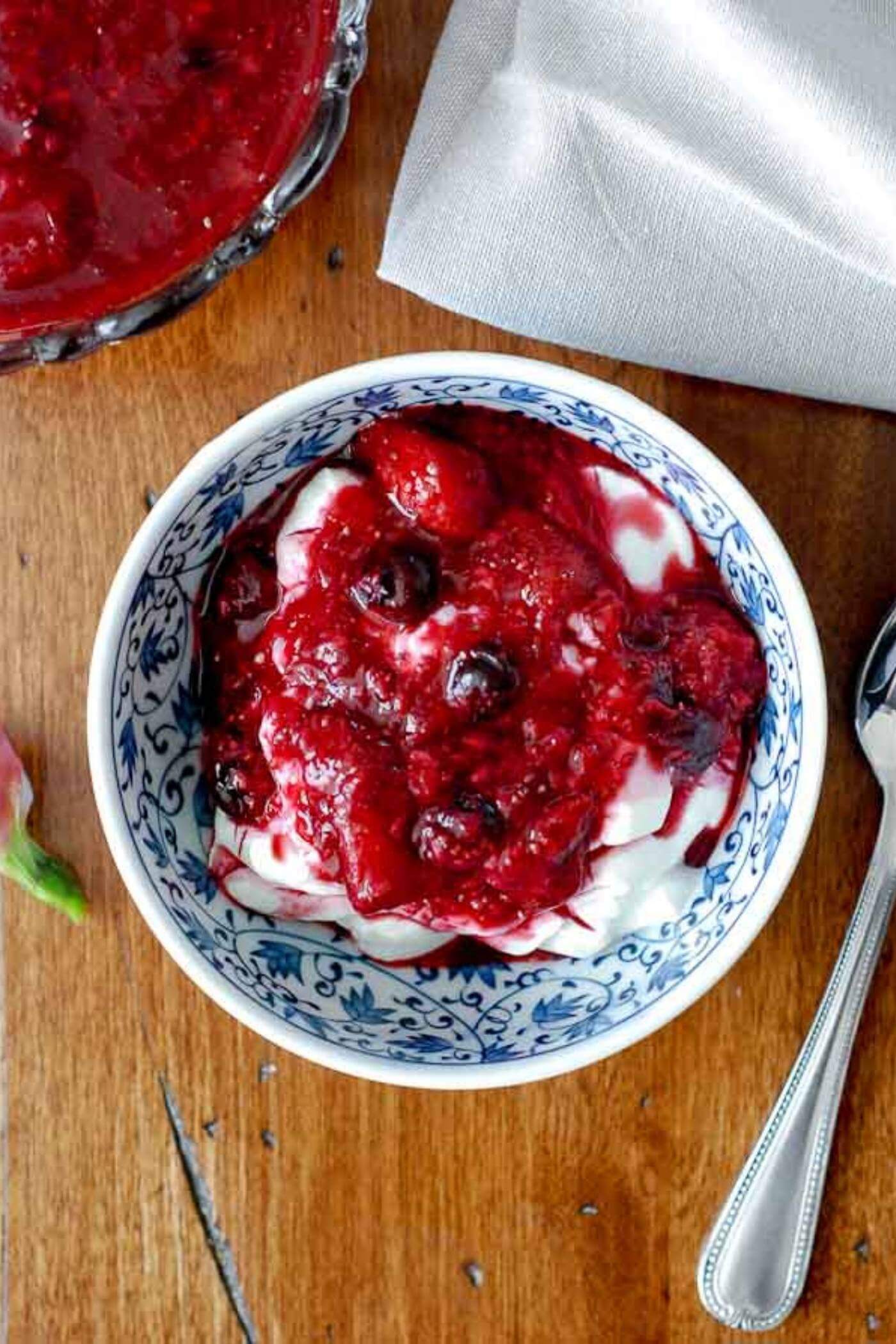 berry compote on top of yogurt in bowl.