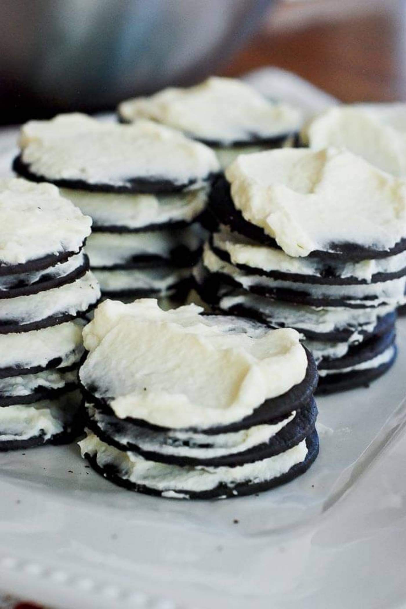 Chocolate Wafers and Peppermint whipped cream cake assembly.