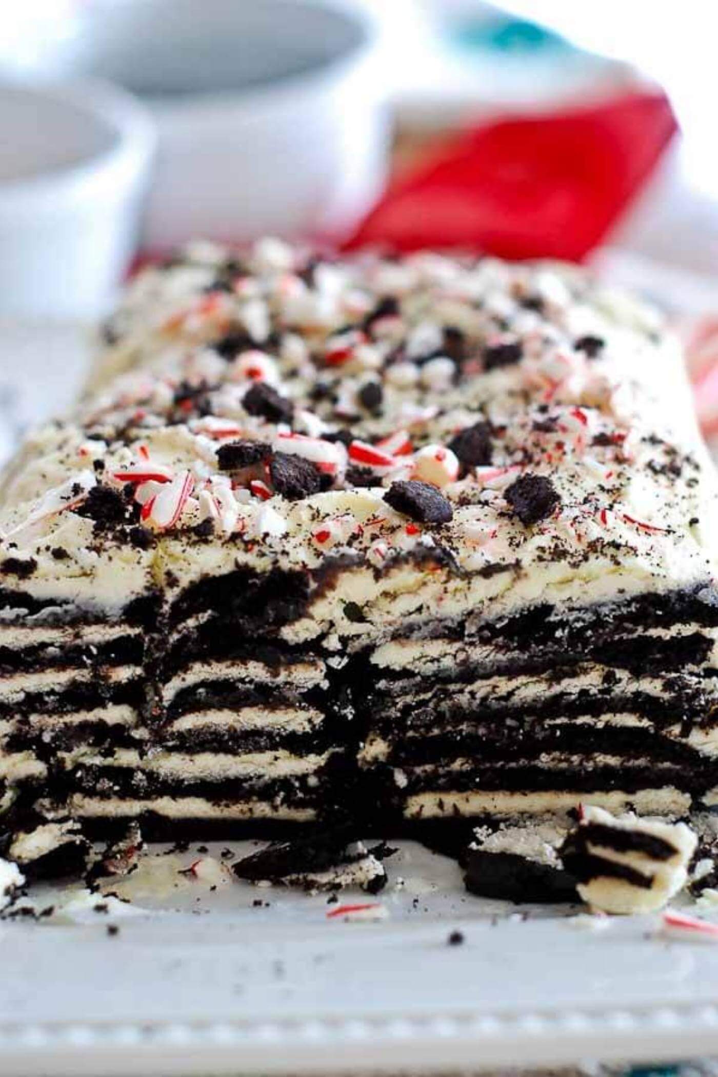 chocolate and peppermint icebox cake side view with layers.