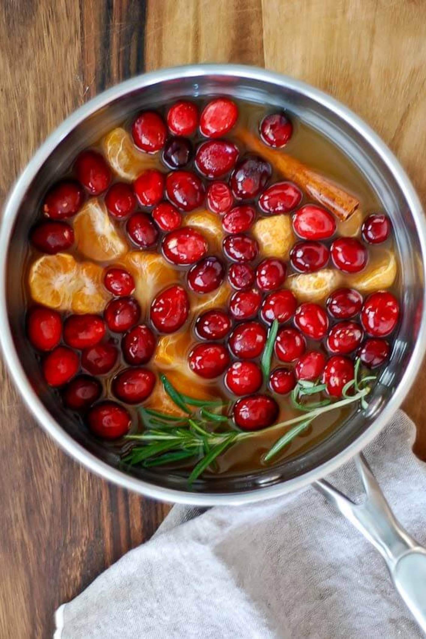 cranberry orange and rosemary shrub ingredients, in pot prior to boiling.