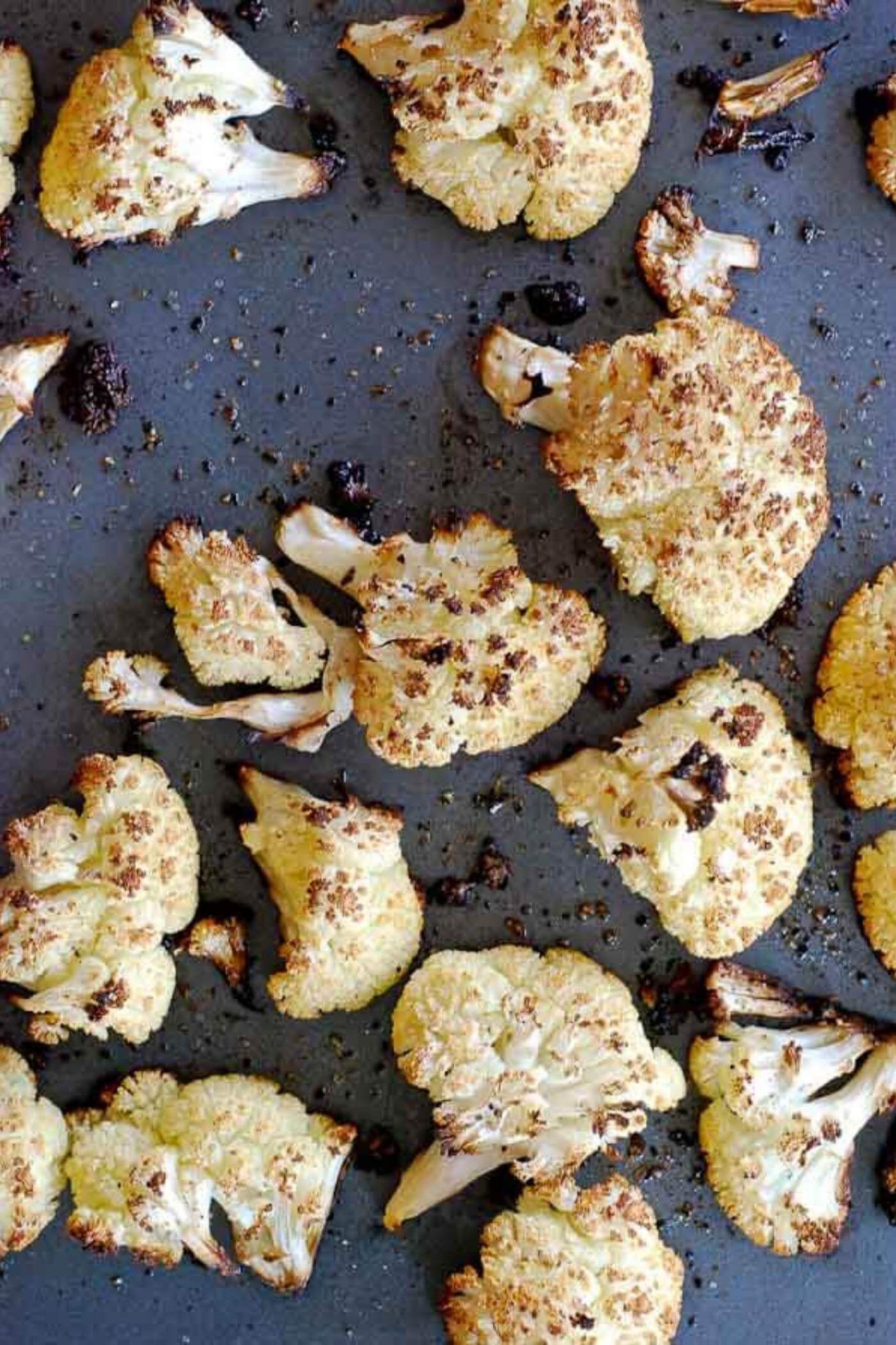 roasted cauliflower on baking sheet.