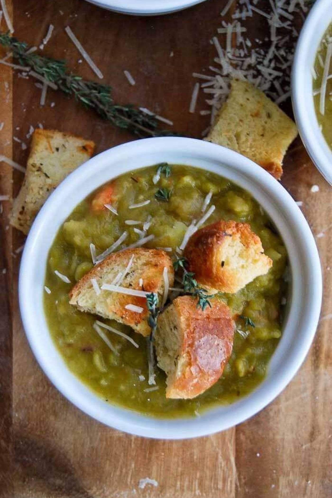 split pea soup in bowl with croutons.