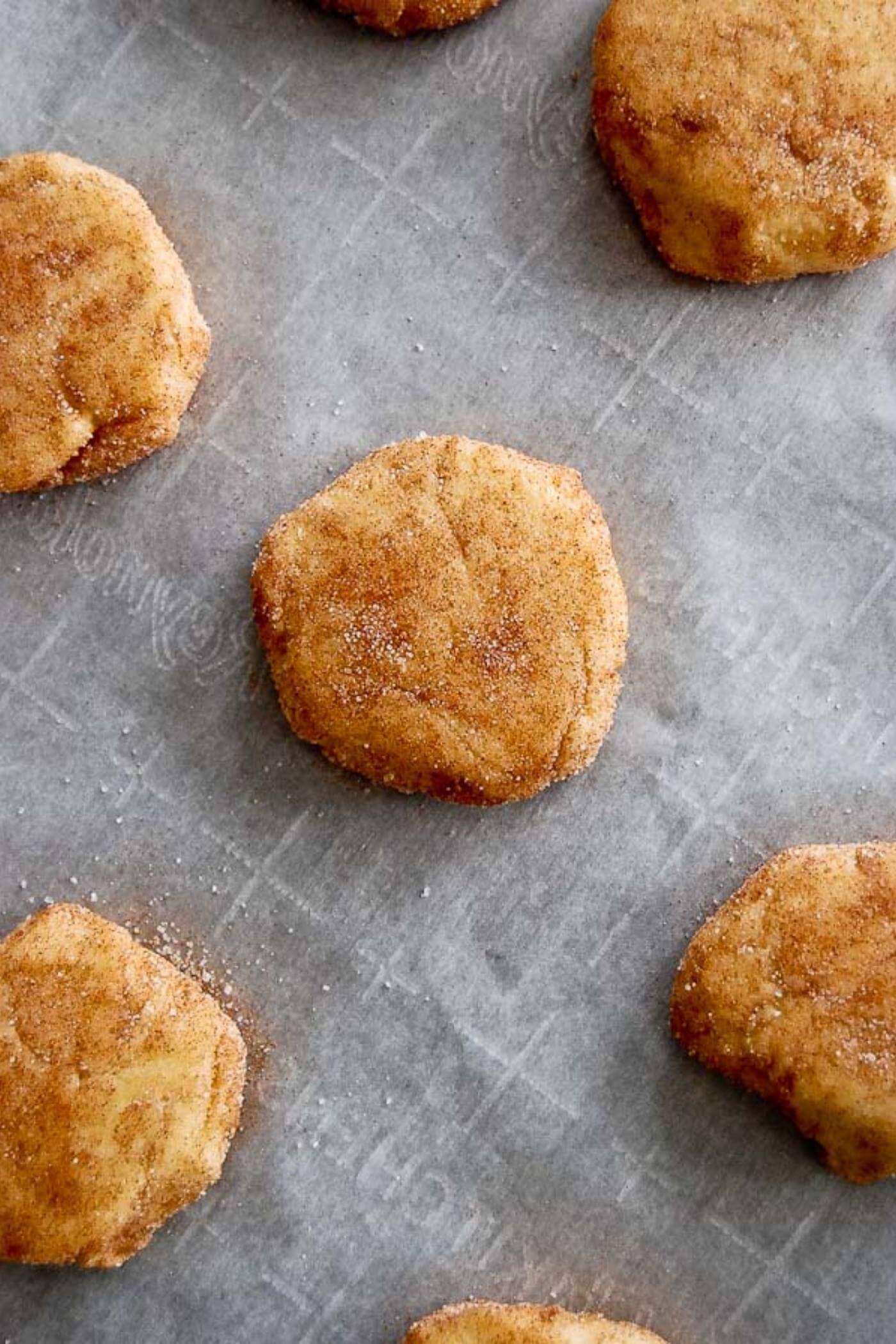 vanilla and maple snickerdoodles on baking sheet ready to bake.