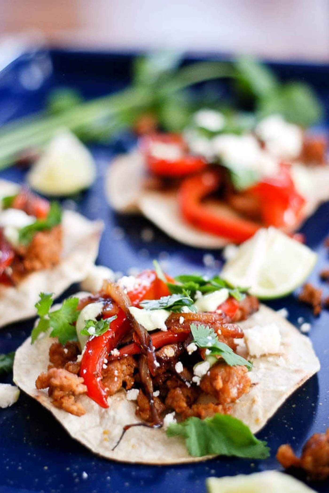chorizo and red pepper tostadas on pan.