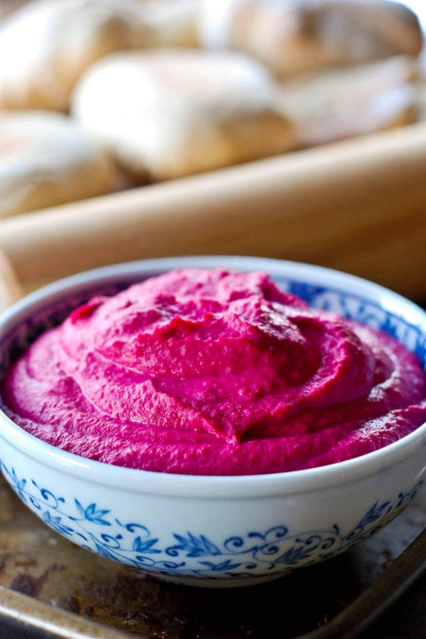 beet root hummus in bowl.