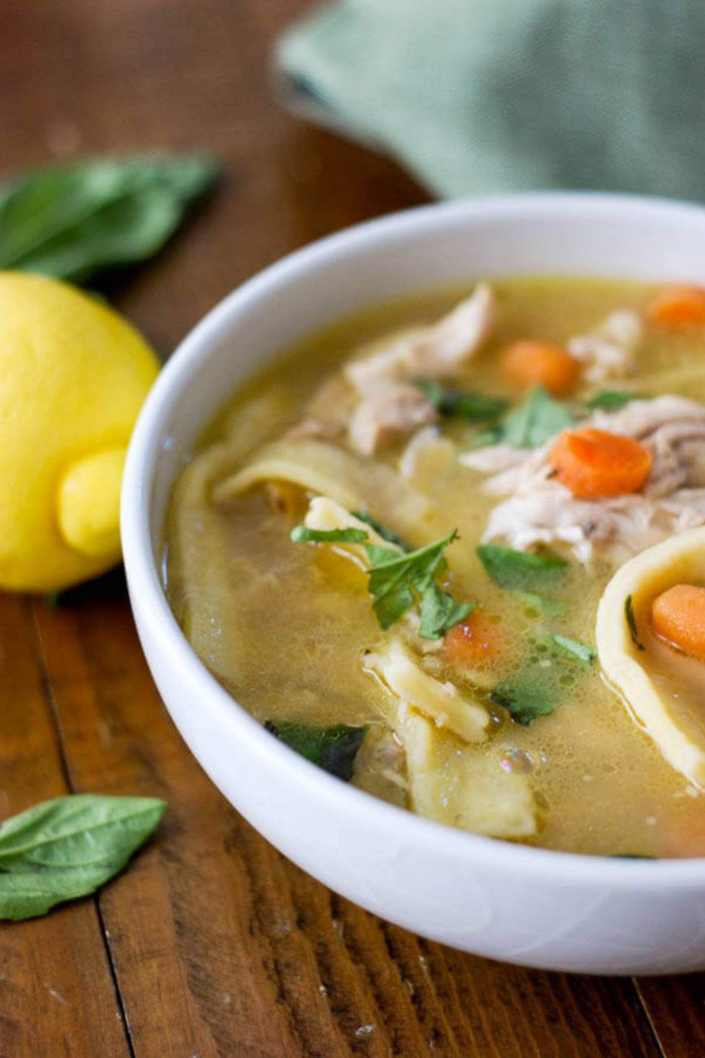 chicken noodle soup in bowl.