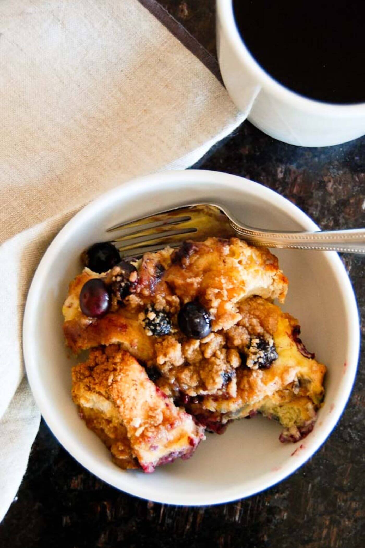 blueberry french toast casserole in bowl.