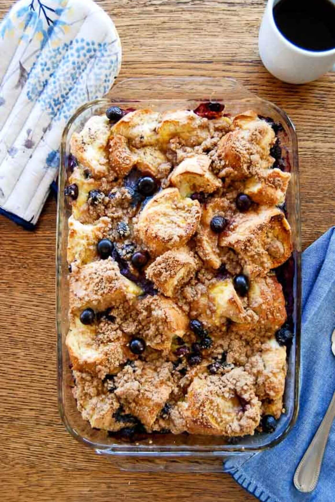 blueberry french toast casserole in baking dish.