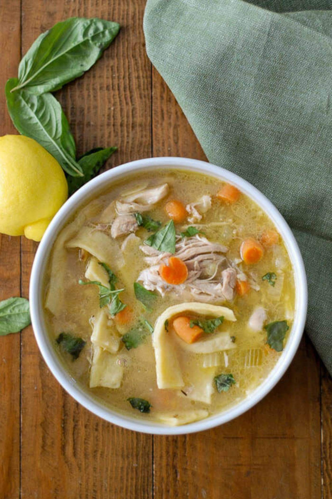 chicken noodle soup in bowl.