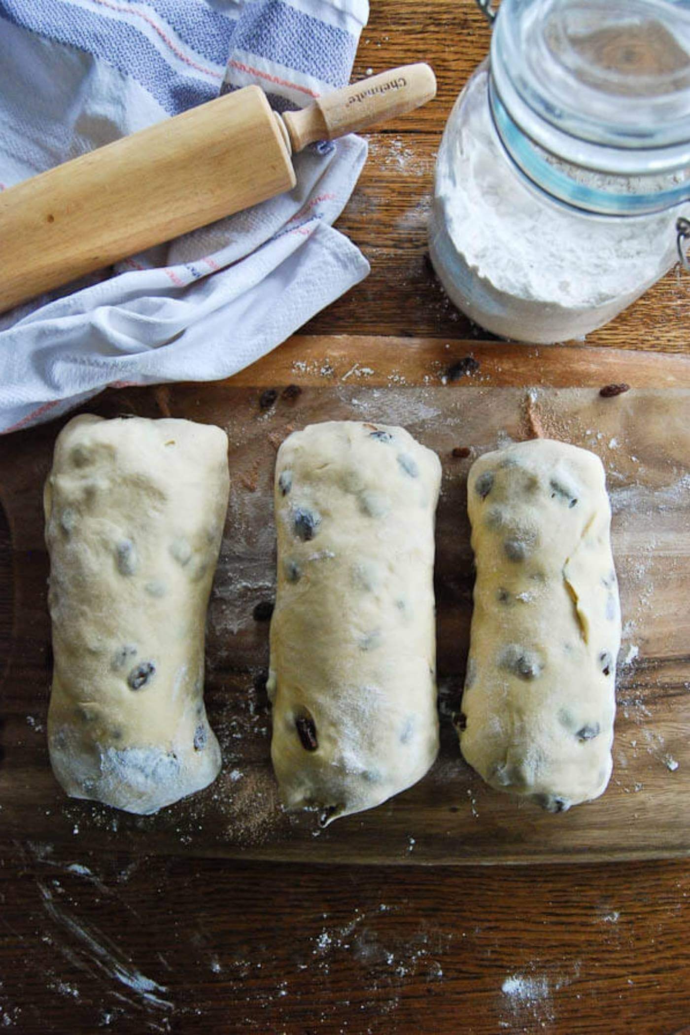 cinnamon raisin bread dough, rolled and assembled