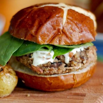 mushroom burger on cutting board