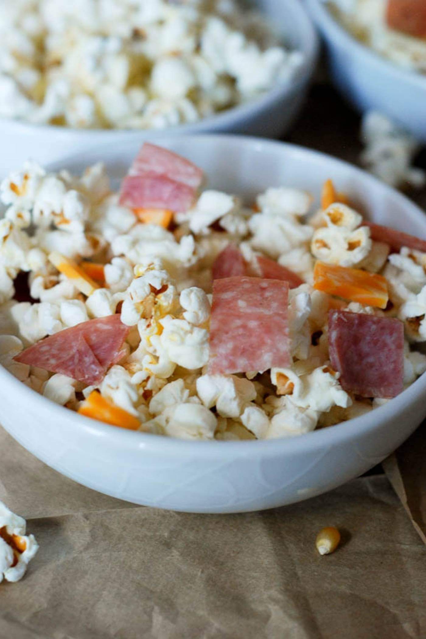salami and colby jack popcorn in bowl.