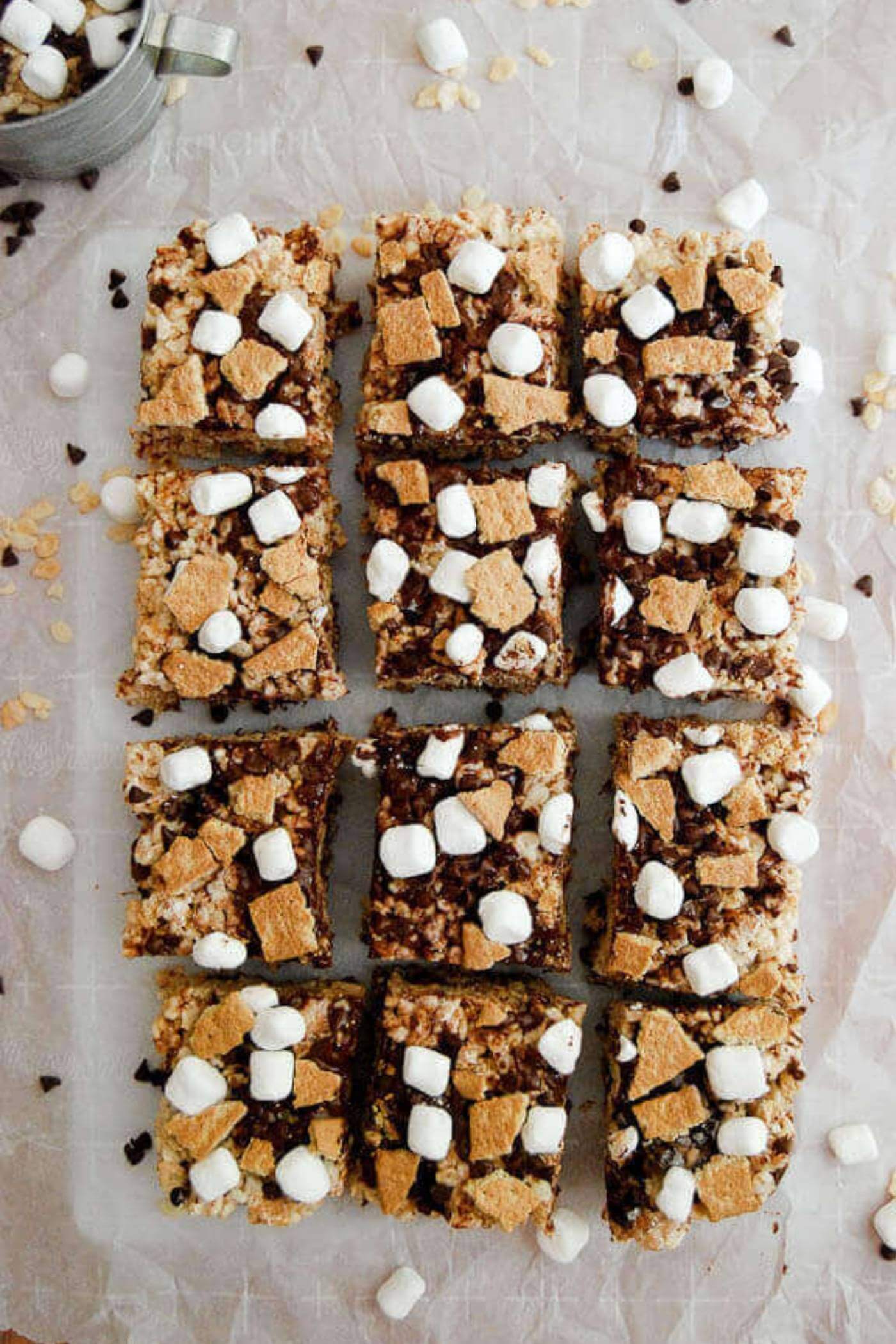 s'mores rice krispie treats, cut on platter.