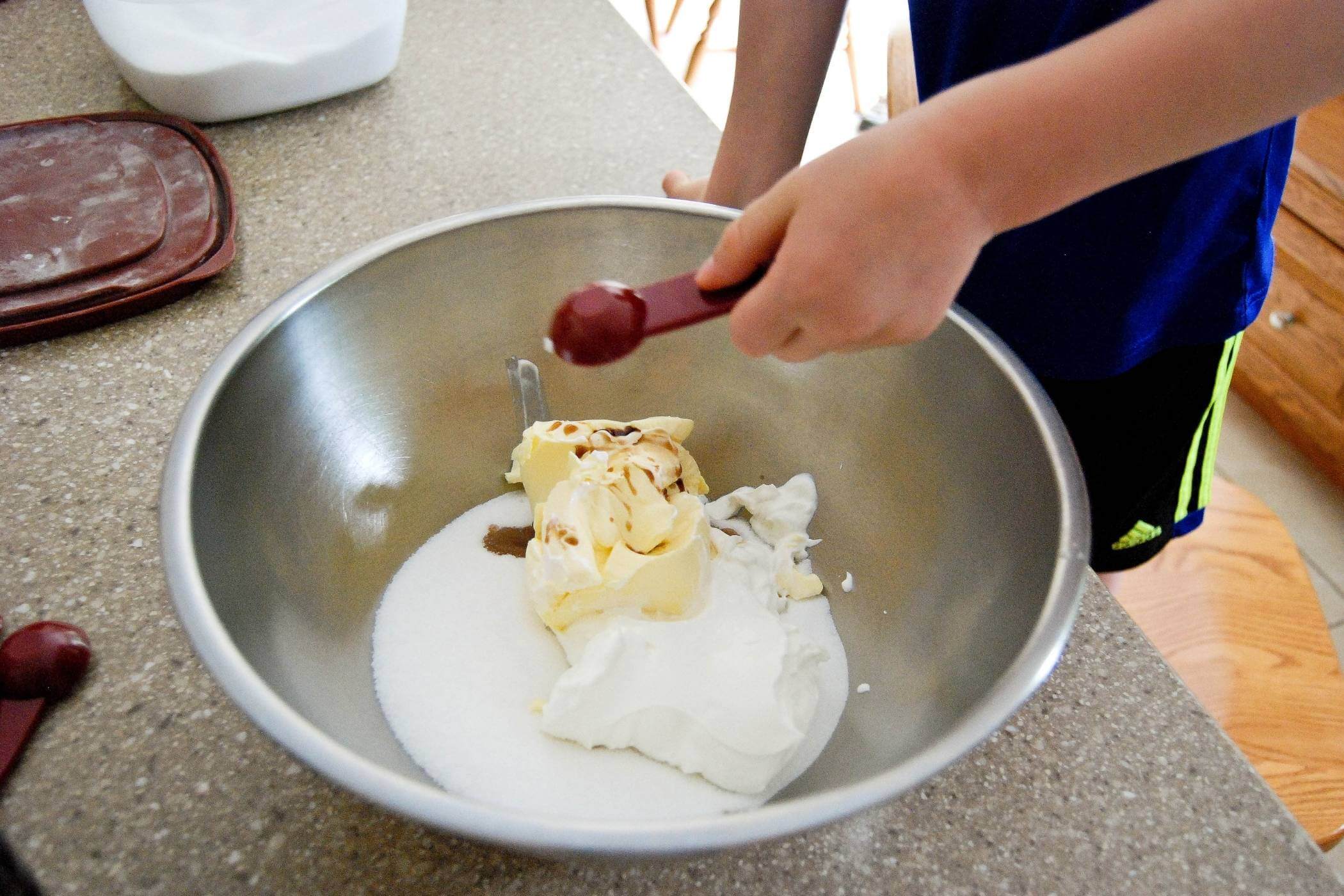 sugar cookie ingredients in bowl.