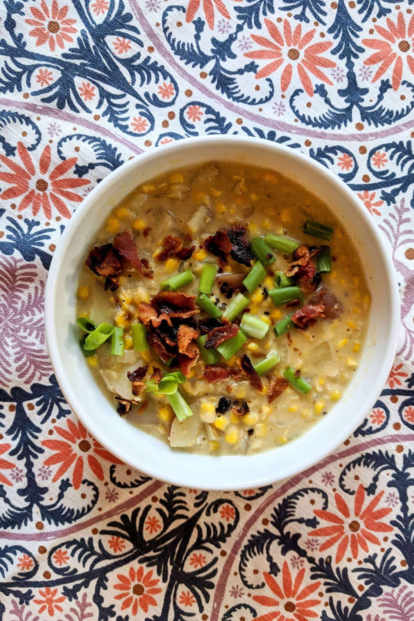 summer corn chowder in bowl.