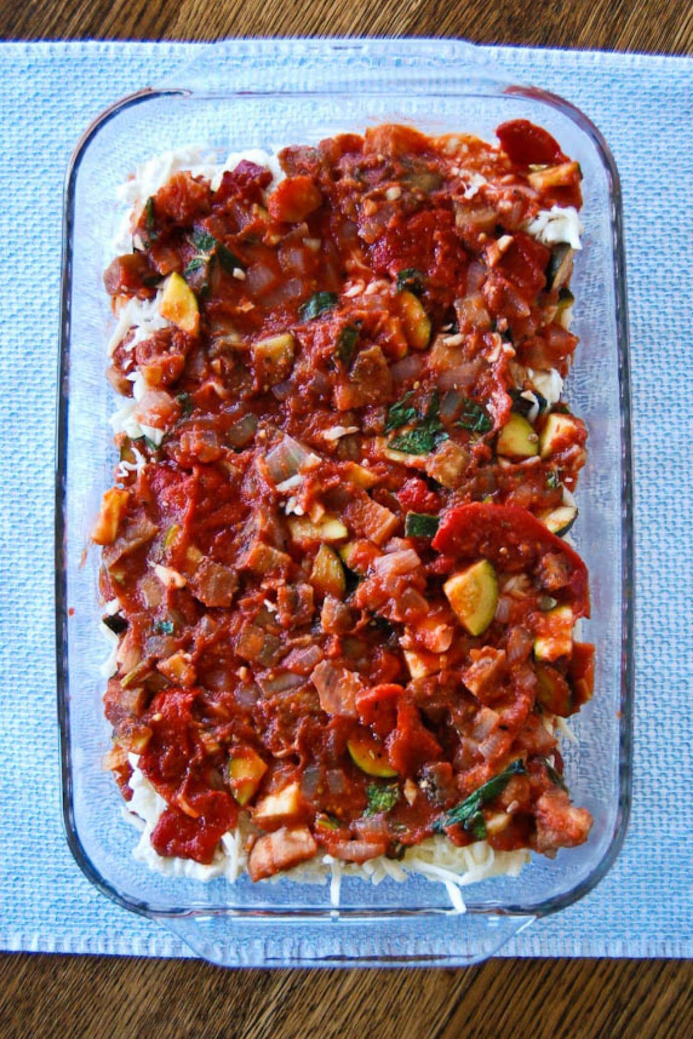 vegetable lasagna assembly - sauce.