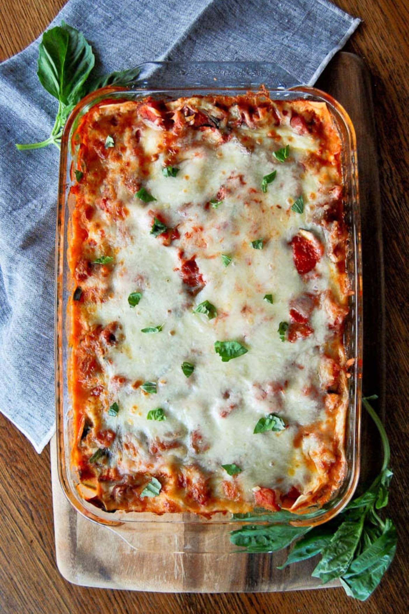 easy vegetable lasagna in pan.