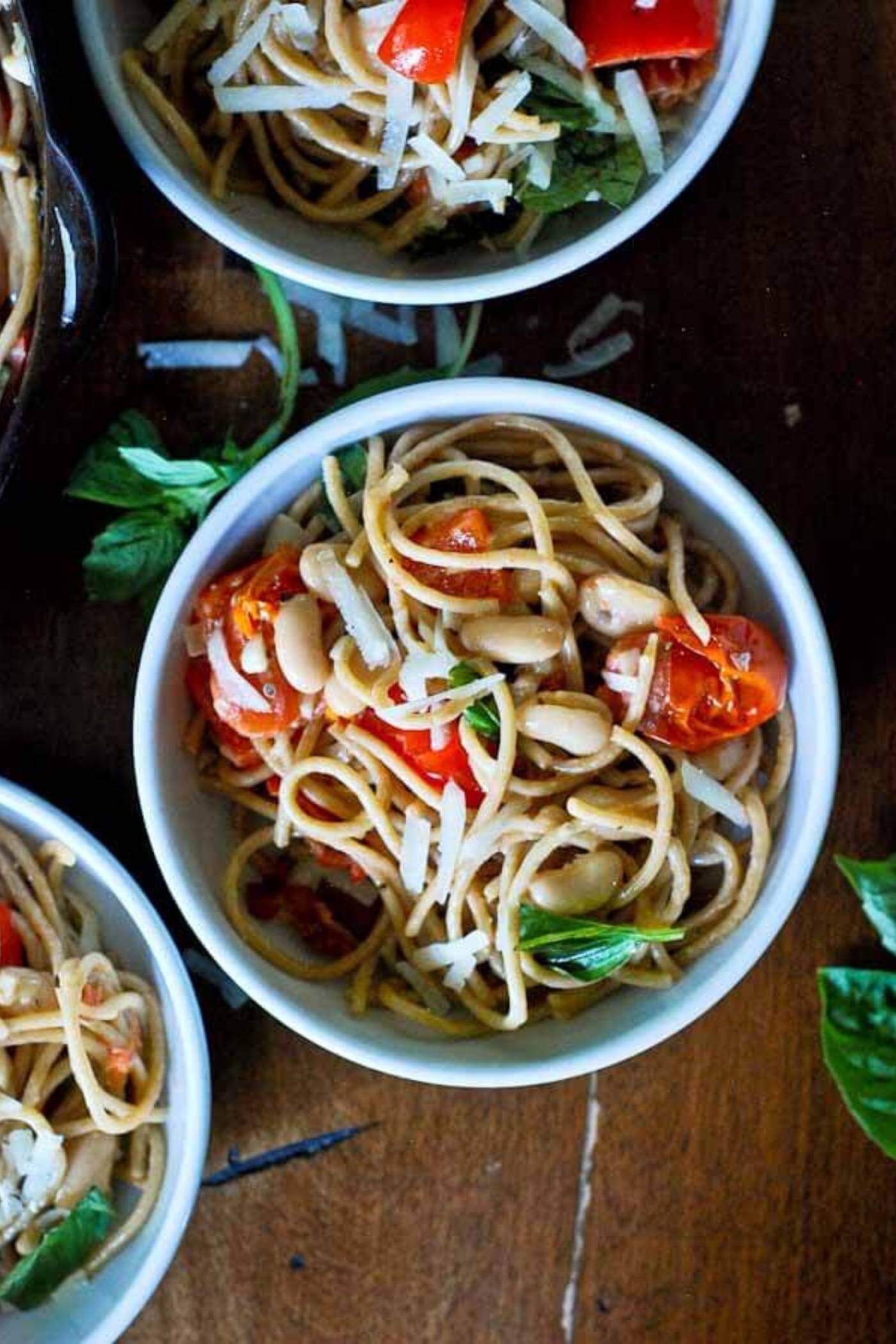 easy weeknight white bean pasta in pot.