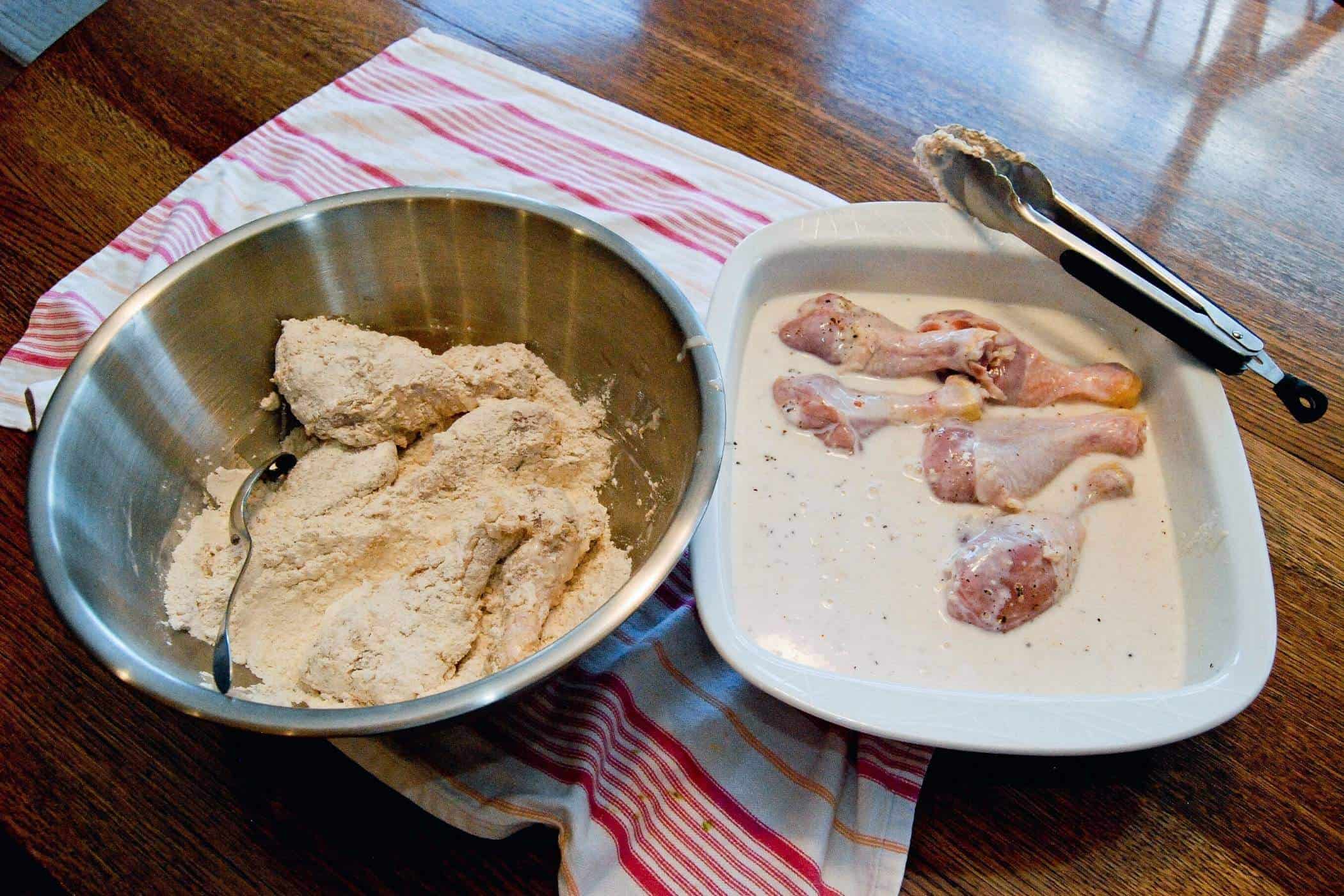 chicken drumsticks in milk and flour batter.