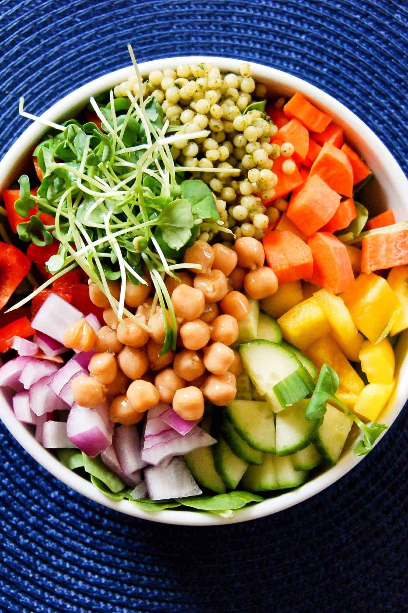 chickpea and veggie salad in bowl.