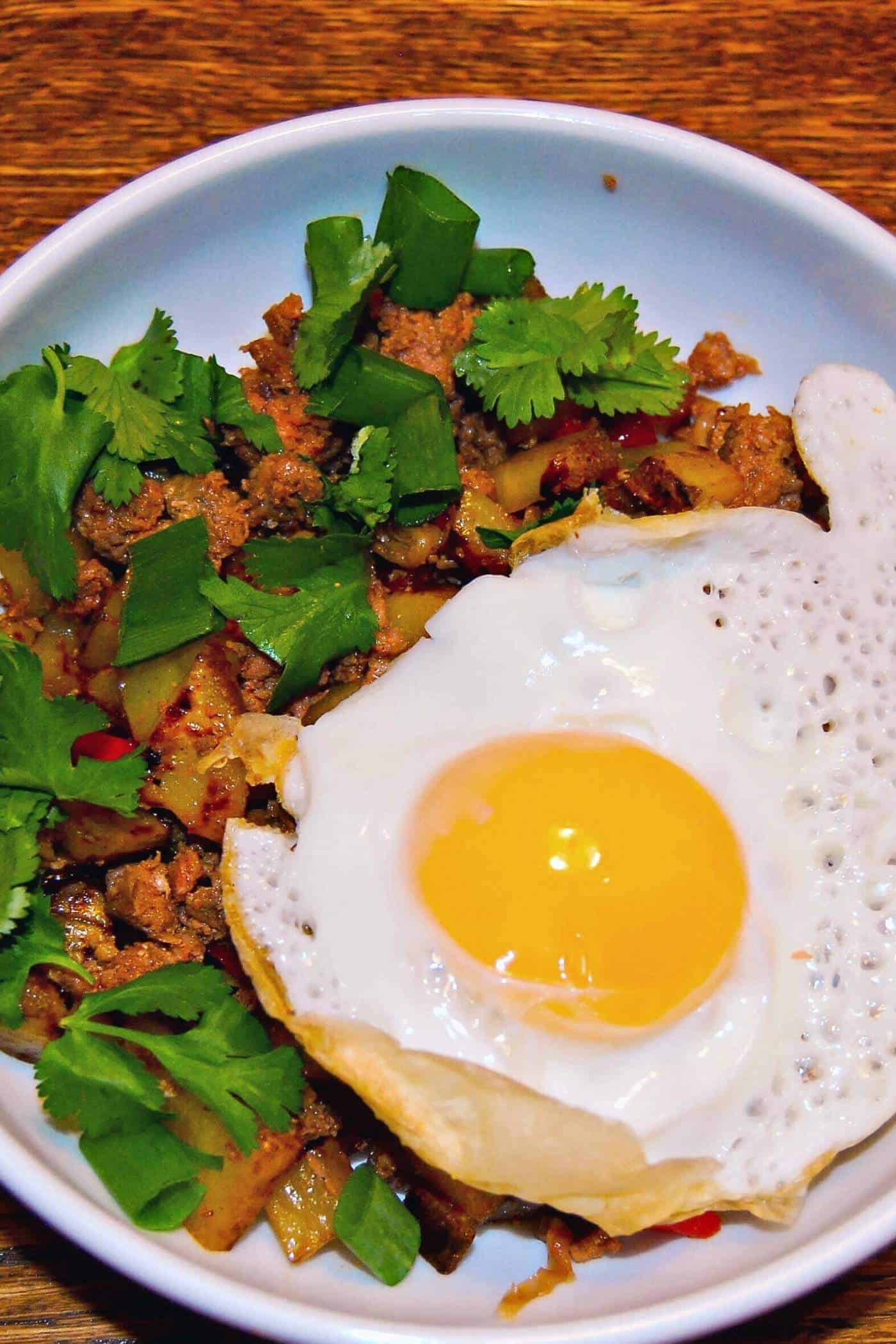 chorizo and egg hash in bowl.