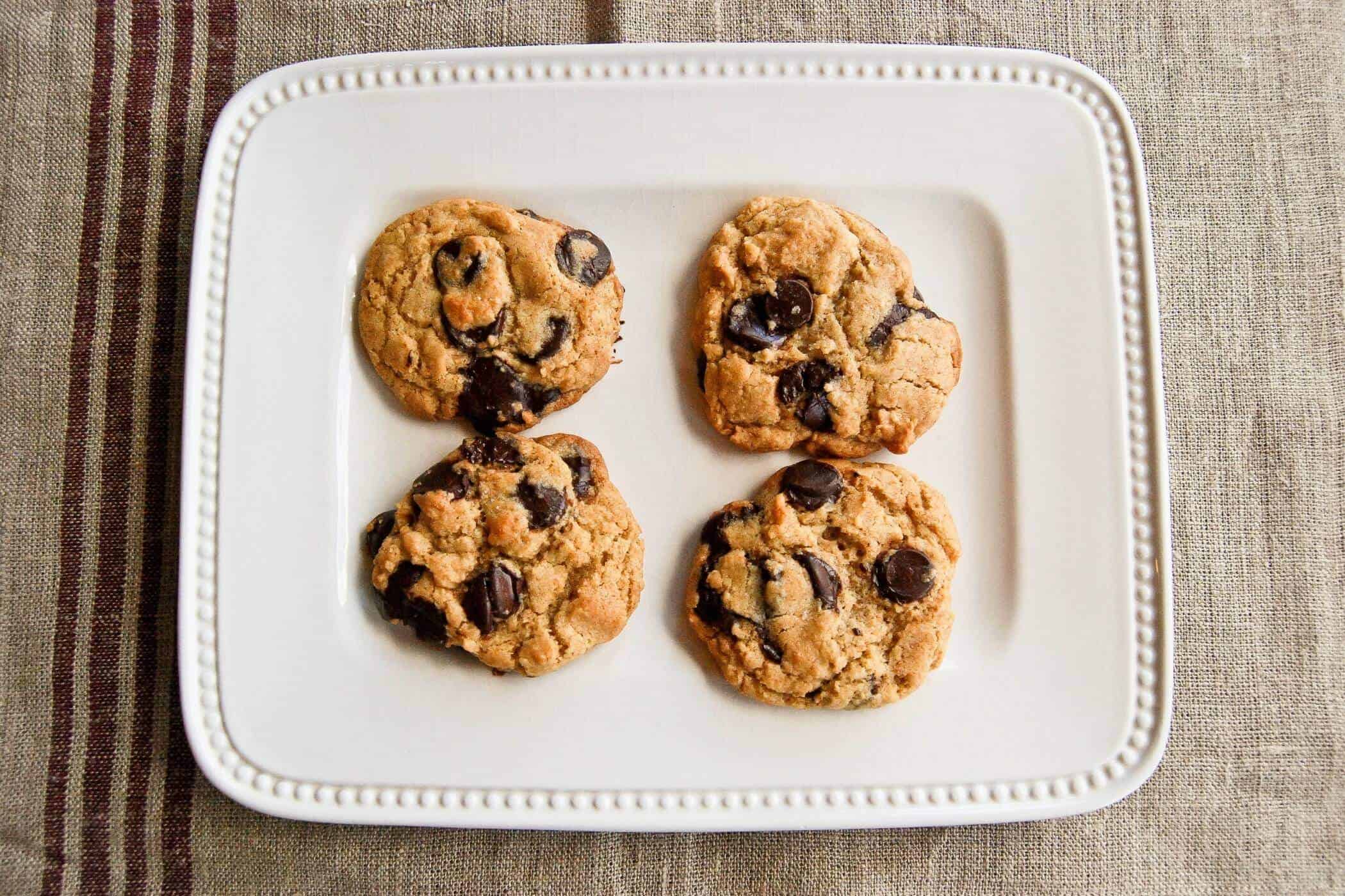 chocolate chip cookies on plate.
