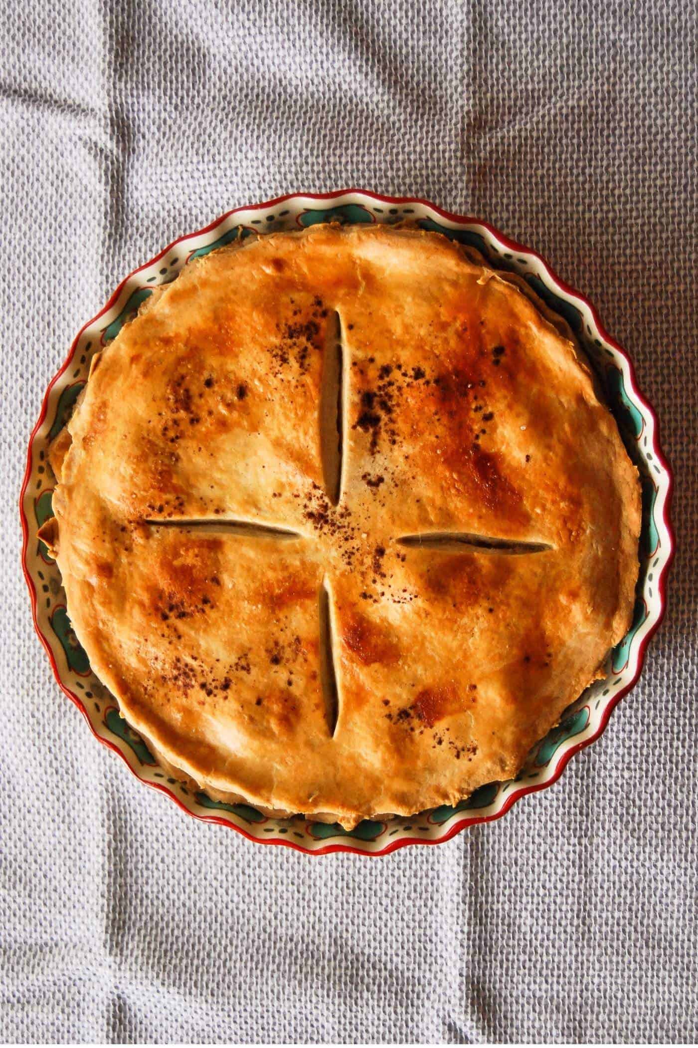 peach pie on table.