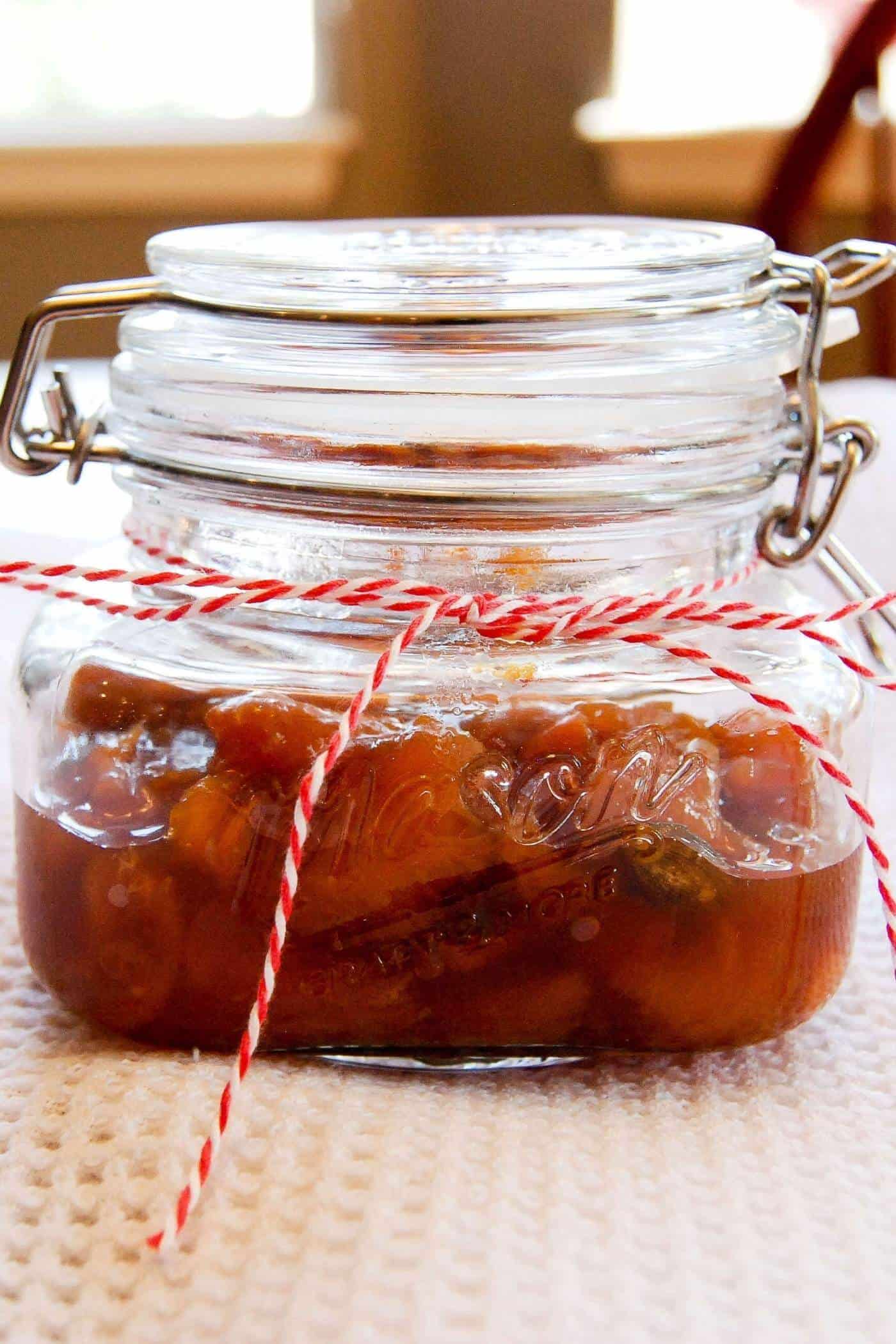 spicy peach chutney in jar.