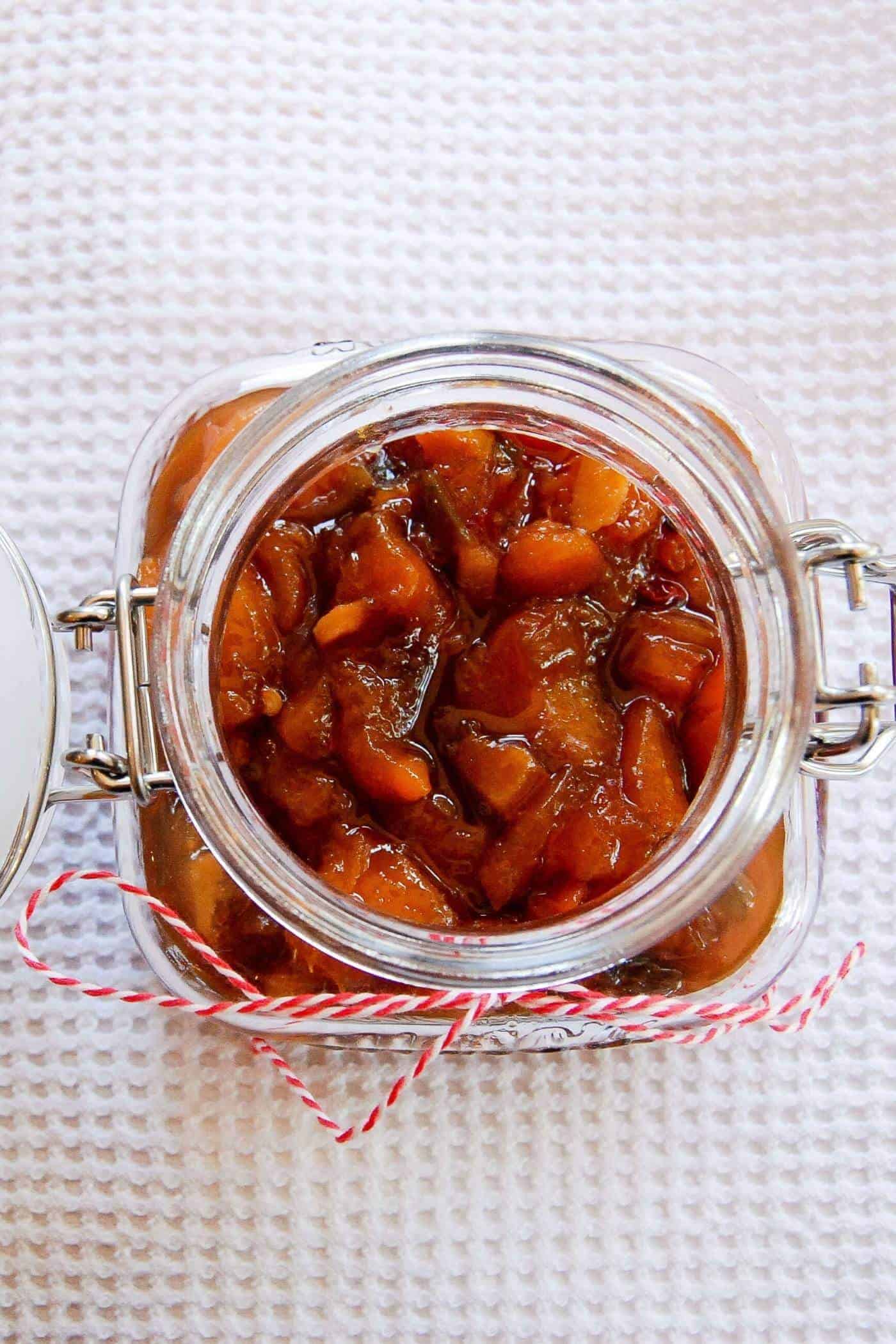 spicy peach chutney in jar.