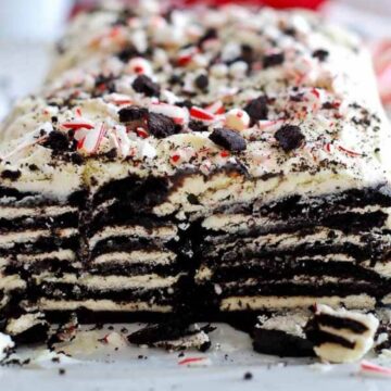 chocolate and peppermint icebox cake side view with layers.