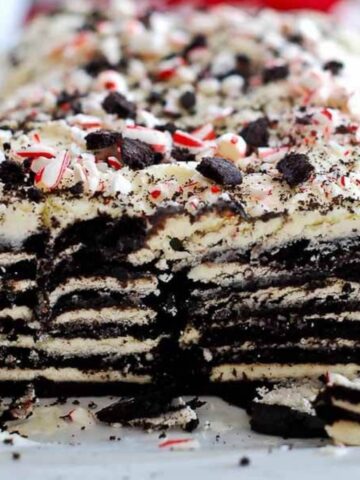 chocolate and peppermint icebox cake side view with layers.