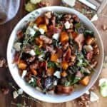kale salad with brussel sprouts, roasted butternut squash, and maple walnuts