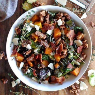 kale salad with brussel sprouts, roasted butternut squash, and maple walnuts