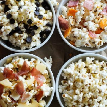 popcorn with various toppings in bowls