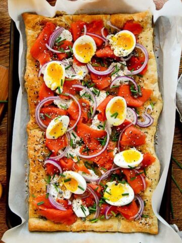 smoked salmon cream cheese and everything bagel pizza on sheet pan