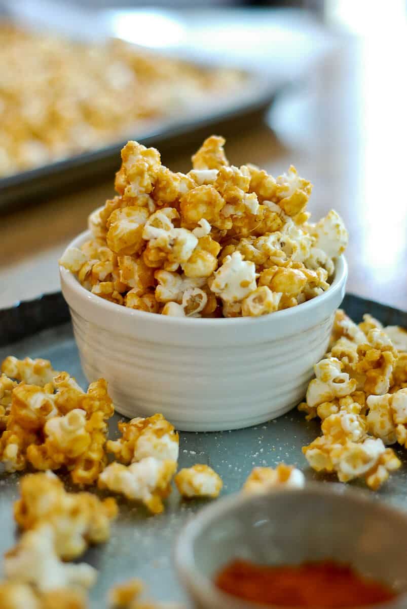 spicy caramel popcorn in bowl.