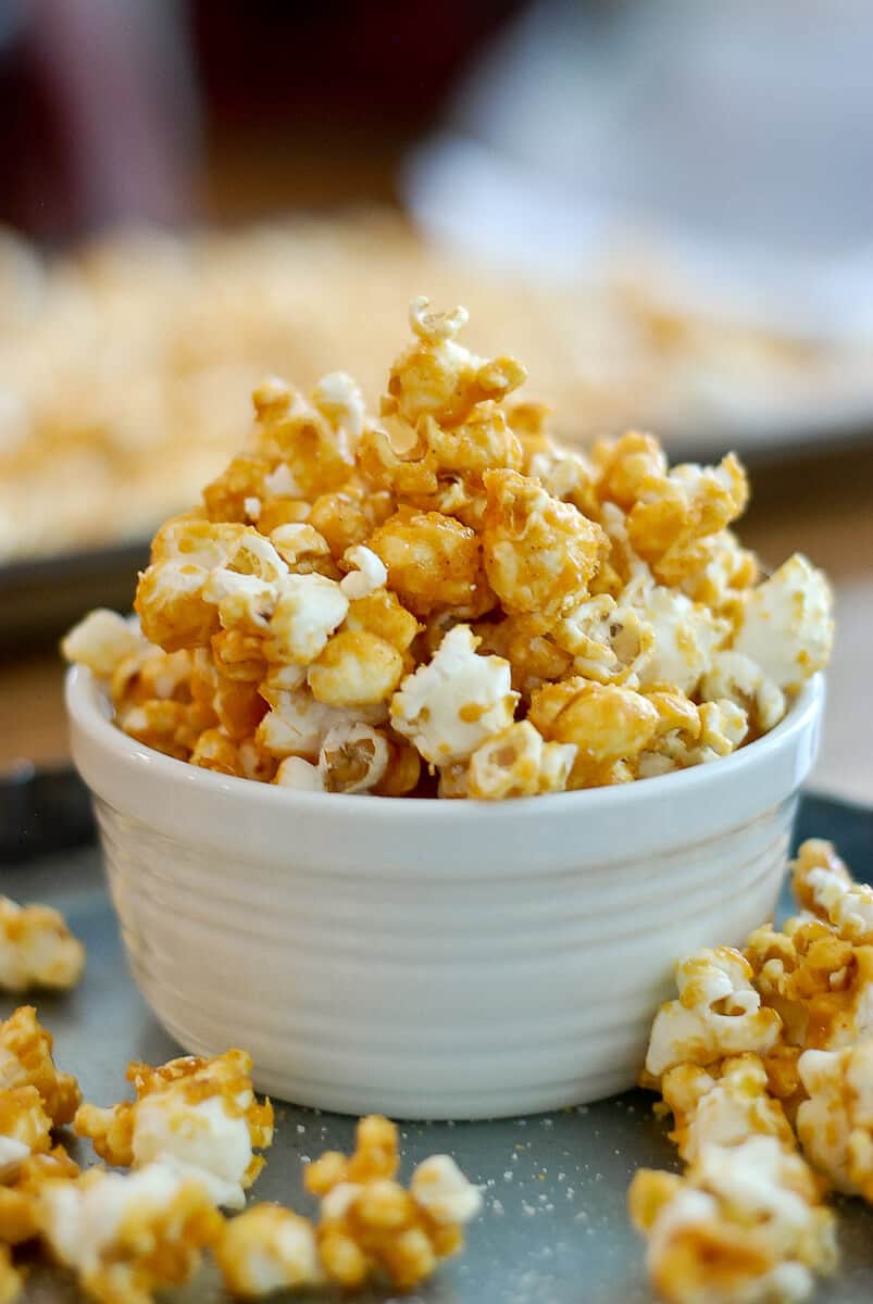 spicy caramel popcorn in bowl.